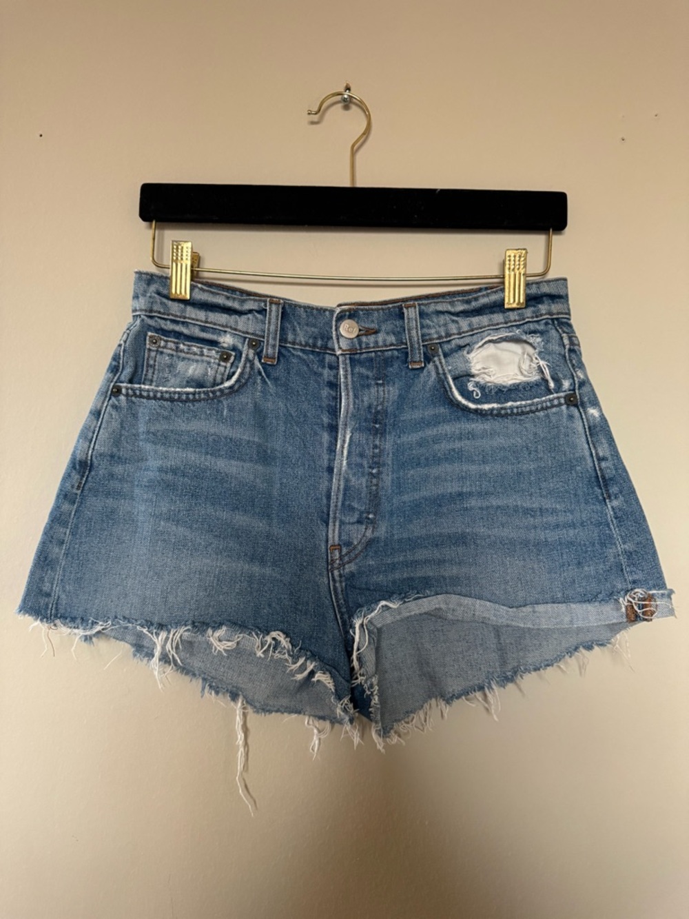 Reformation Distressed Light Blue Denim Cutoff Shorts